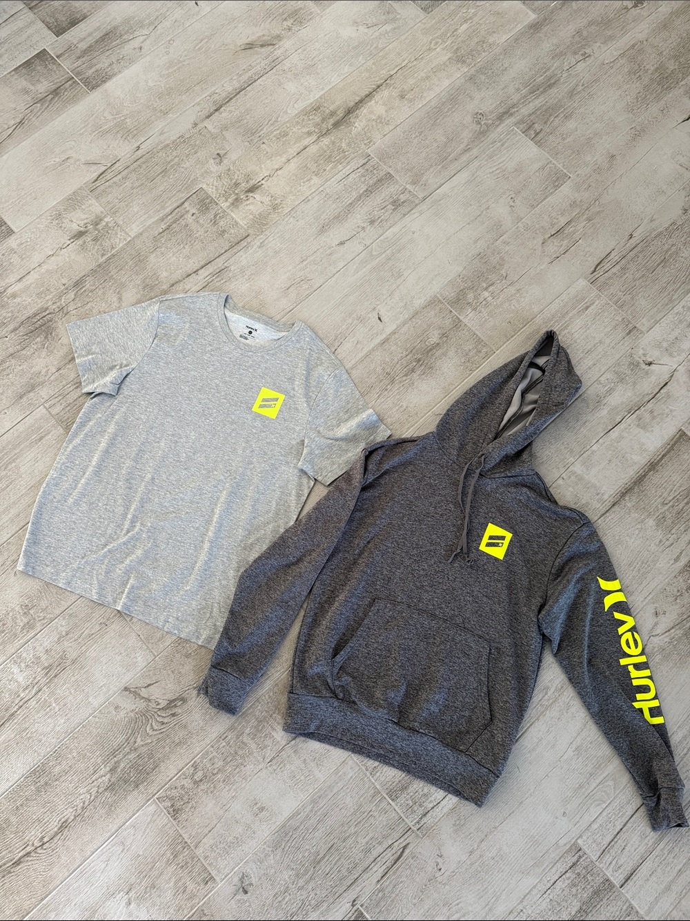 Hurley Kids Gray Tee large and Charcoal Hoodie small with Neon Yellow Logo